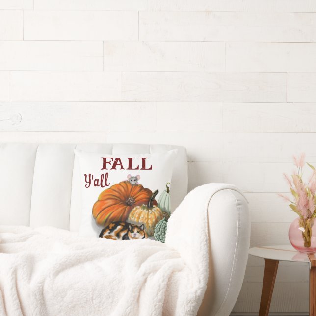 Throw Pillow, fall, with Calico Cat, mouse, pumpki Pillow (Couch)