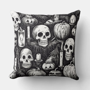 Throw Pillow Halloween pumpkin and skull ink patte