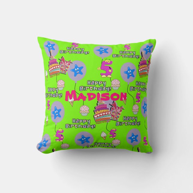 Throw Pillow, Happy 5th Birthday Green Throw Pillow (Front)