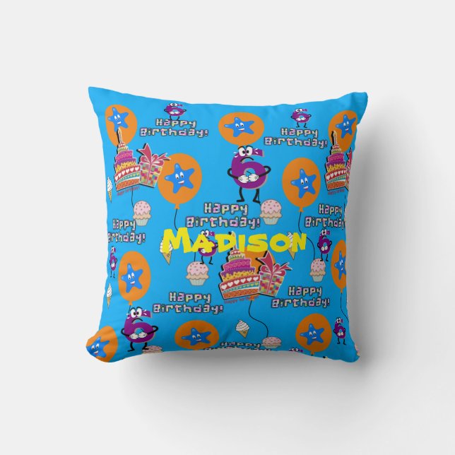 Throw Pillow, Happy 6th Birthday Blue Throw Pillow (Front)