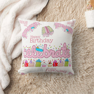 Throw Pillow, Happy Birthday Celebrate Pink Throw Pillow