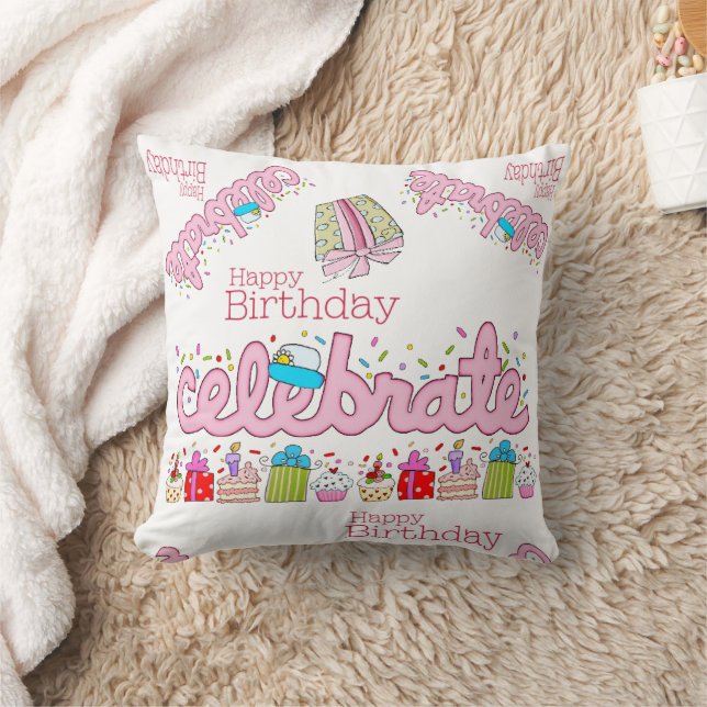 Throw Pillow, Happy Birthday Celebrate Pink  Throw Pillow (Blanket)