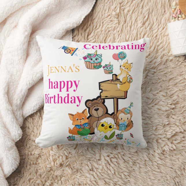 Throw Pillow, Happy Birthday Fox Bird Chick Cat Pillow (Blanket)
