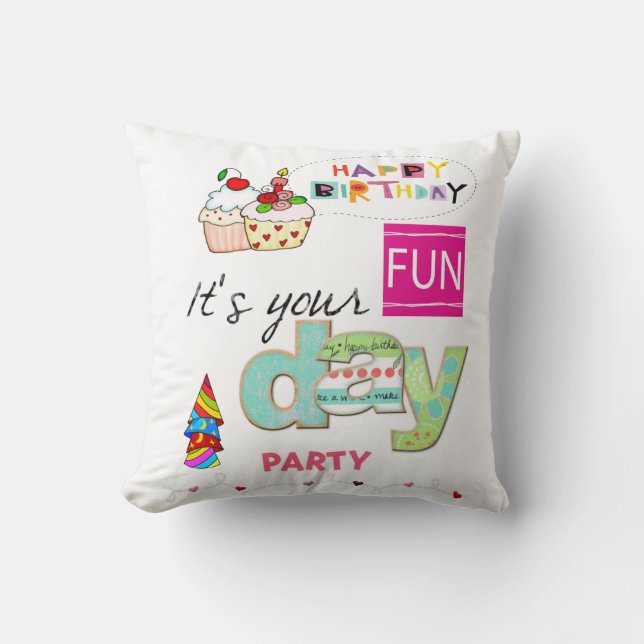 Throw Pillow, Happy Birthday FUN Cupcake Pillow (Front)