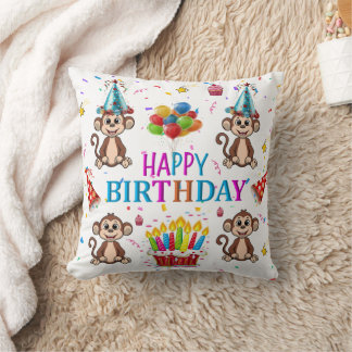 Throw Pillow, Happy Birthday Monkey Cupcake Throw Pillow