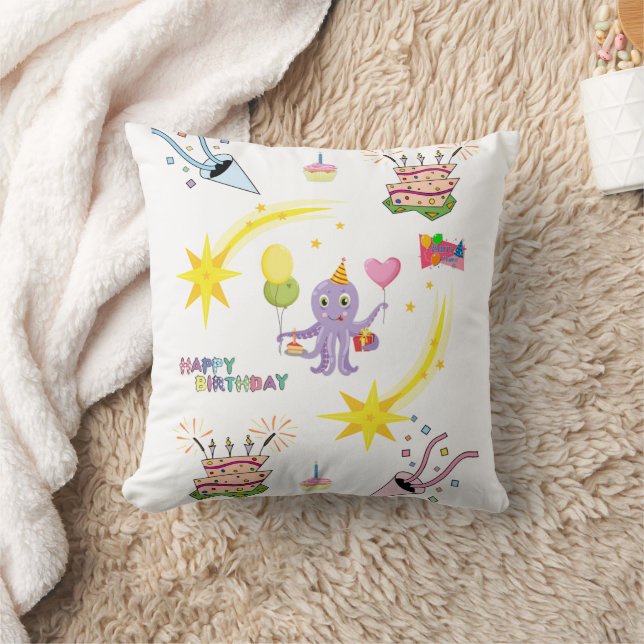 Throw Pillow, Happy Birthday Octopus Cupcake Pillow (Blanket)