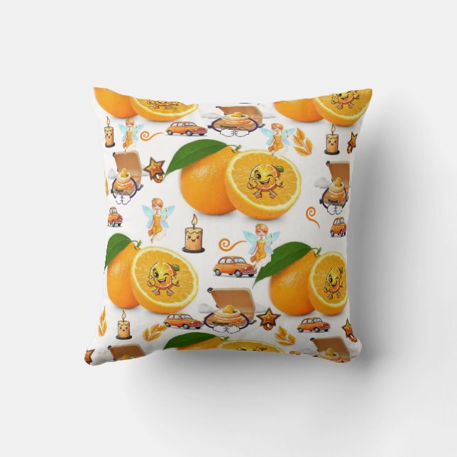 Throw Pillow, Happy Birthday Oranges Cake Fairy  Pillow (Back)