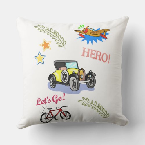 Throw Pillow Hero Bicycle Car Airplane 