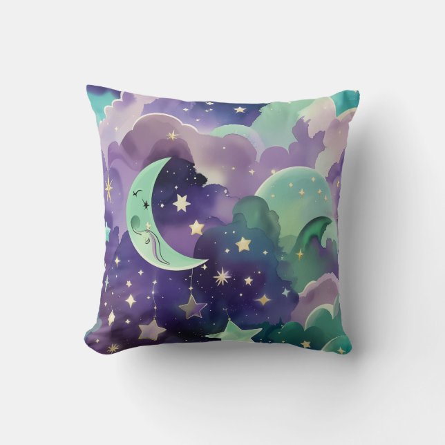 Throw Pillow - Mint Green Lilac Celestial Moon (Front)