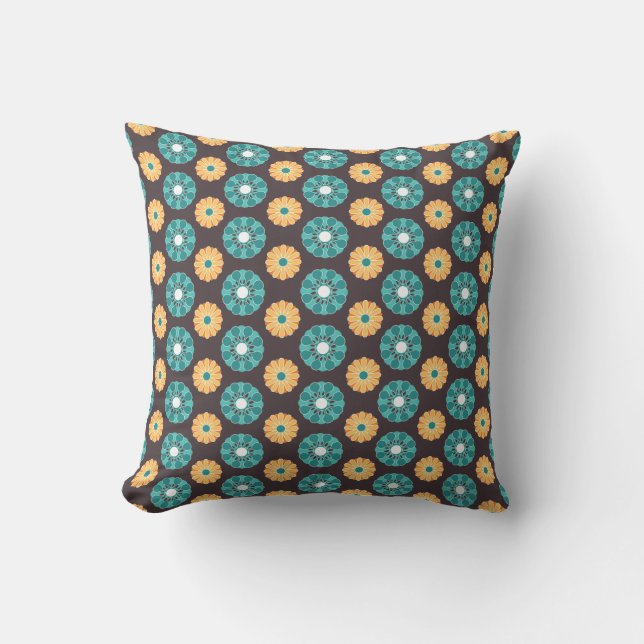 Throw Pillow - Modern Floral Motif (Teal & Gold) (Front)