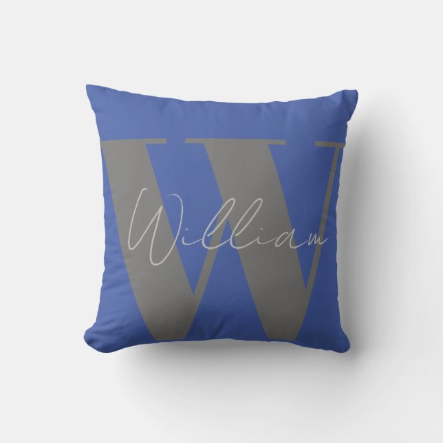 Throw Pillow Monogram name blue gray stylish gift (Front)