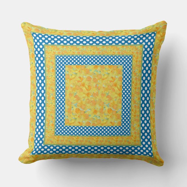 Throw Pillow or Cushion, Daffodils and Polka Dots (Front)
