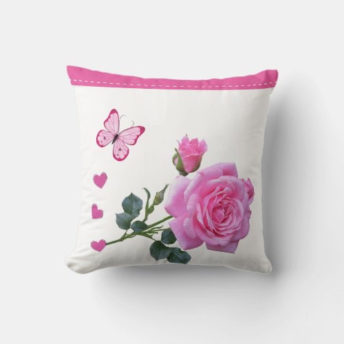 Throw Pillow Pink Rose Floral Butterfly Hearts