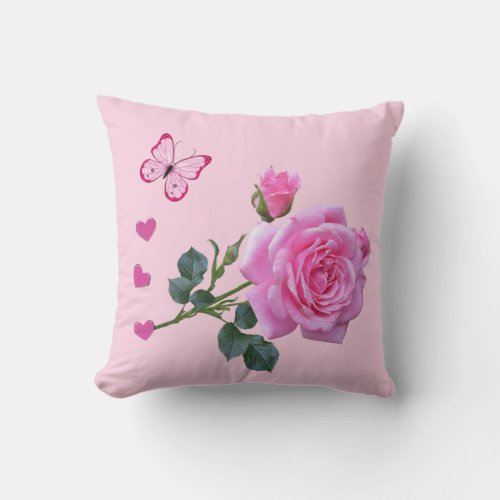 Throw Pillow Pink Rose Floral Butterfly Hearts