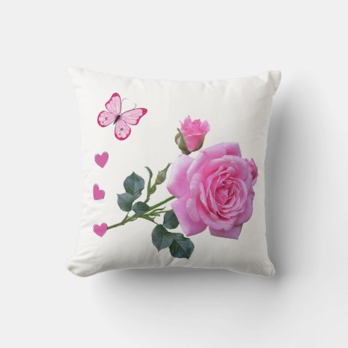 Throw Pillow Pink Rose Floral Butterfly Hearts