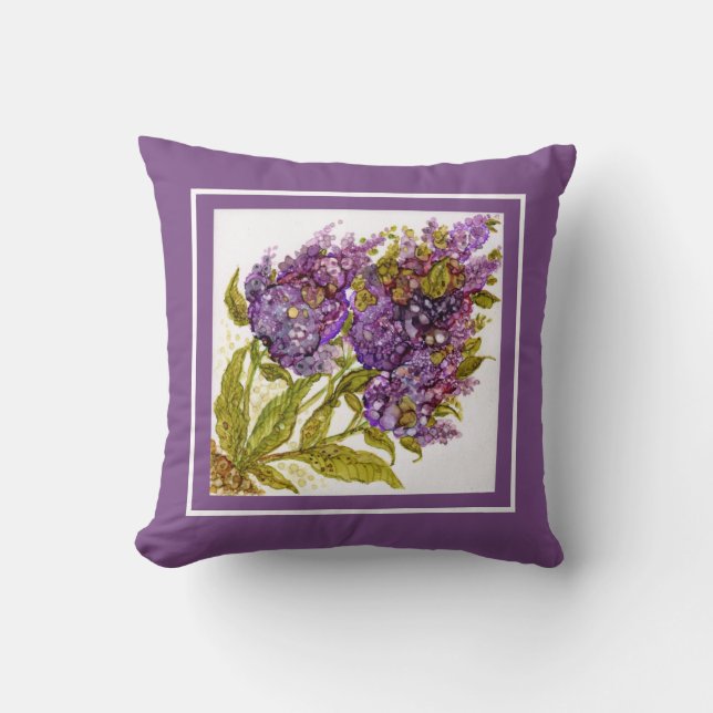 Throw Pillow Purple Lilacs Handpainted Art (Front)