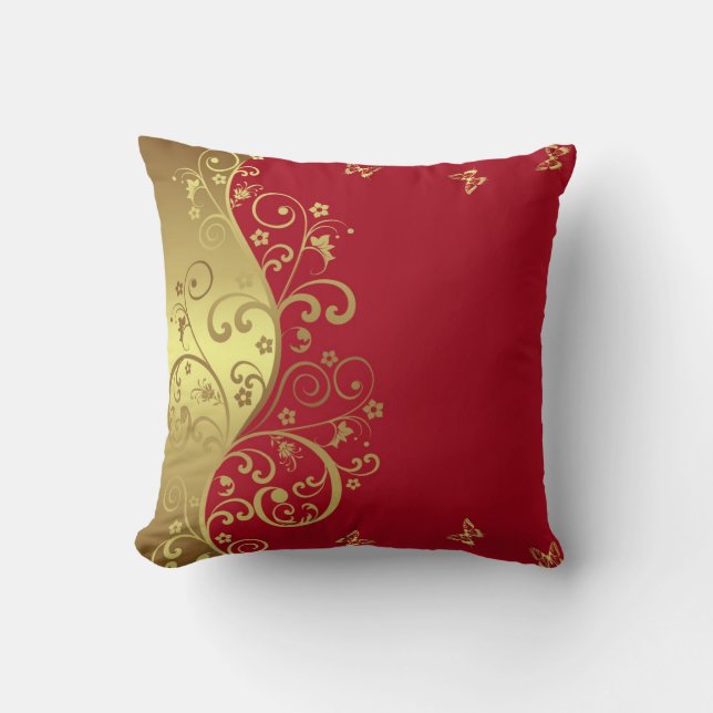 Throw Pillow--Red & Gold Swirls Pillow (Front)