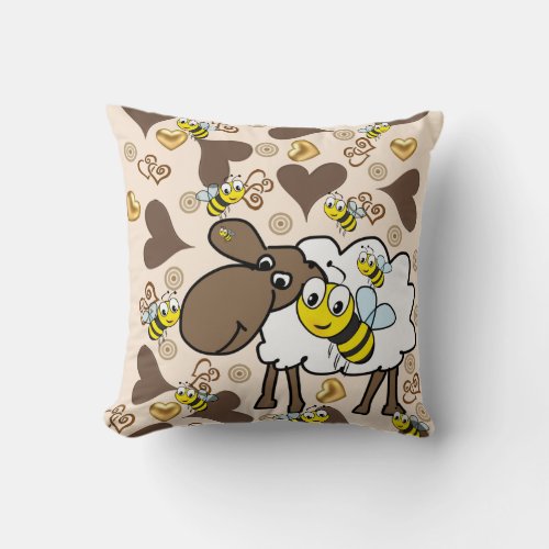 Throw Pillow Sheep Bumblebee Brown Hearts