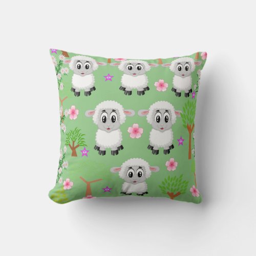 Throw Pillow Sheep Floral Trees Green