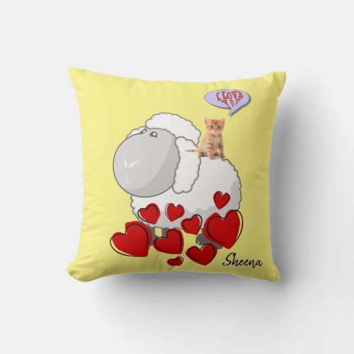 Throw Pillow Sheep Kitten Red Hearts Yellow