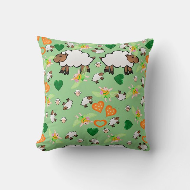 Throw Pillow Sheep Orange Green Hearts (Front)