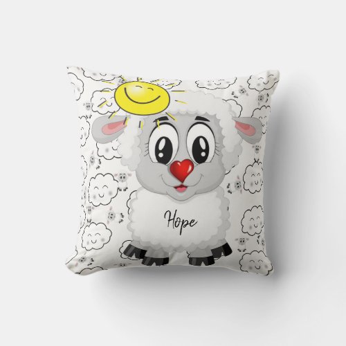 Throw Pillow Sheep Sun Clouds Red Hearts