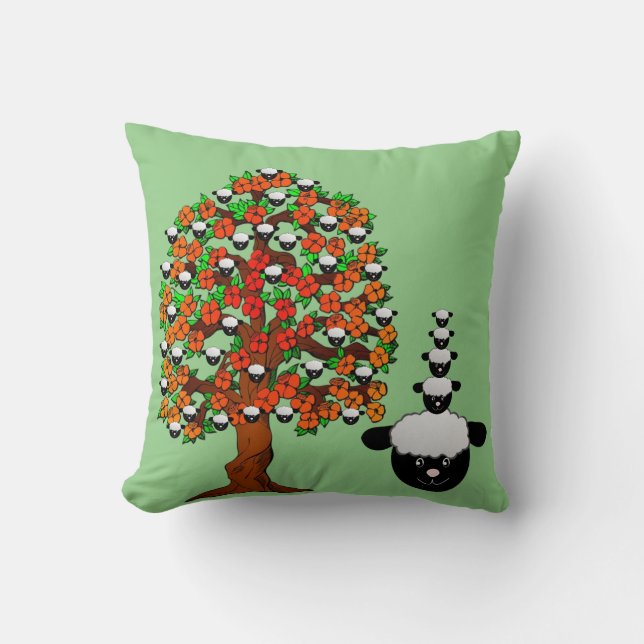 Throw Pillow Sheep Tree Green (Front)