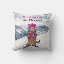 Throw Pillow, Shred the Pow Ski Cat