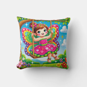 THROW PILLOW "SMILING FAIRY ON A SWING"