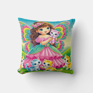 THROW PILLOW "SMILING FAIRY with KITTENS"