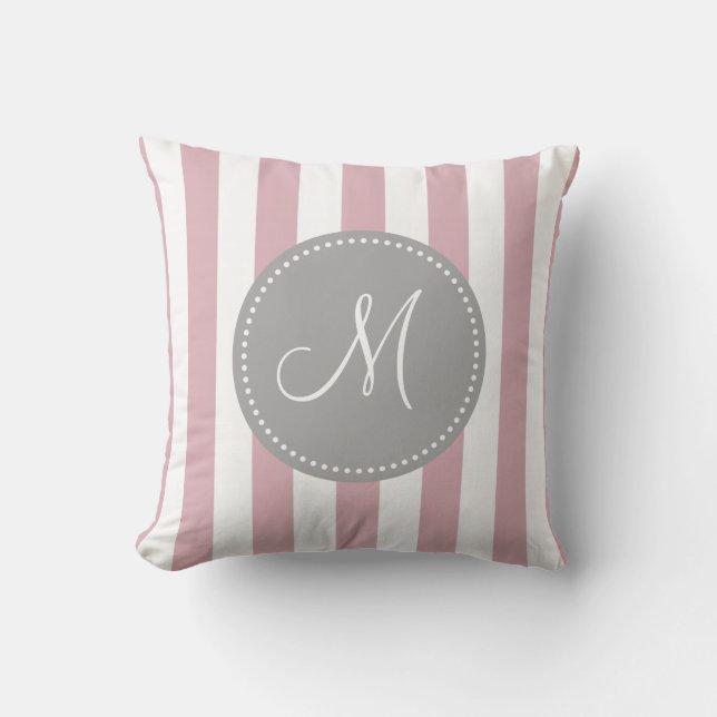 Throw Pillow Striped Pink White Grey Monogram (Front)