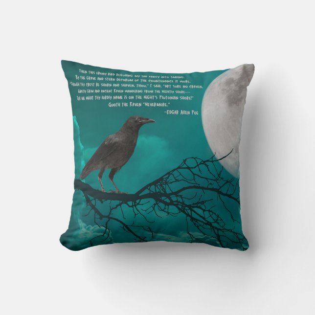 Throw Pillow, The Raven In Green With Poe Poem Throw Pillow (Front)