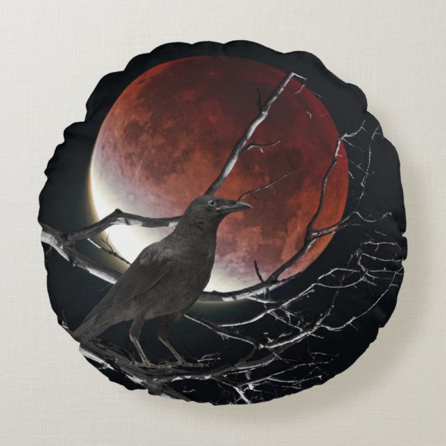 Throw Pillow, The Raven In Red and Black Round Pillow (Front)