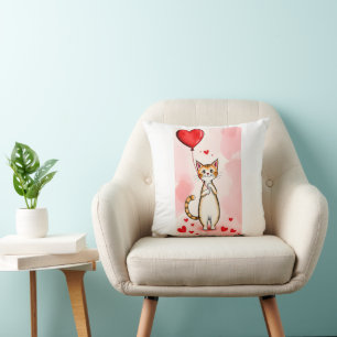 Throw Pillow Valentine's Day Cat Red Hearts