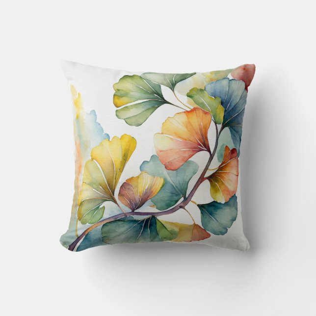 Throw Pillow | Watercolor Gingko Leaves  (Front)
