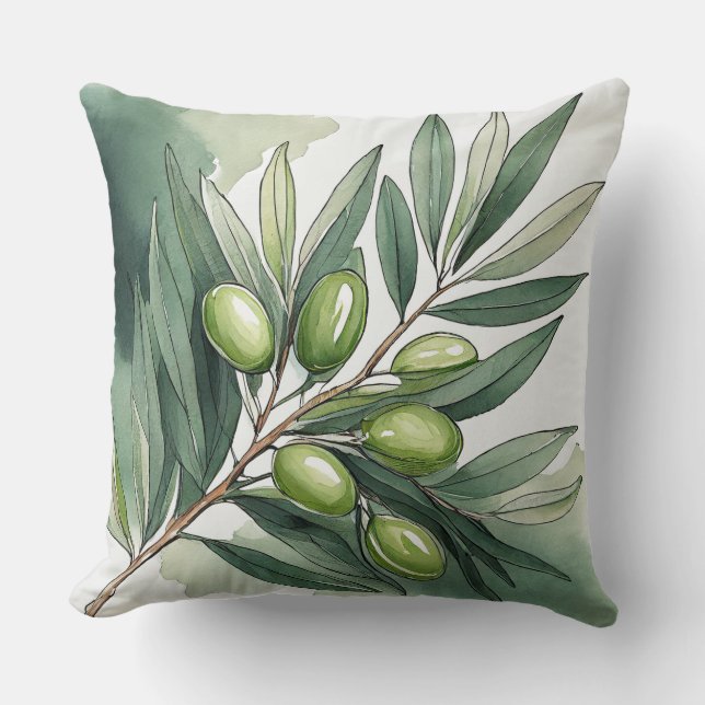 Throw Pillow | Watercolor Olive Branch III (Front)