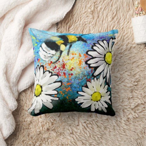Throw Pillow _ Whimsical Bumble Bee  Daisies