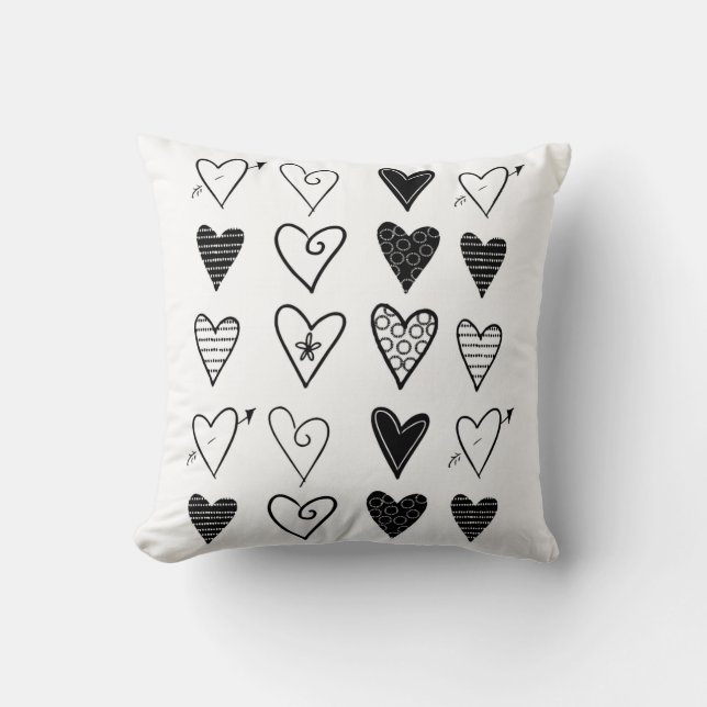 Throw Pillow  White and Black Hearts (Front)