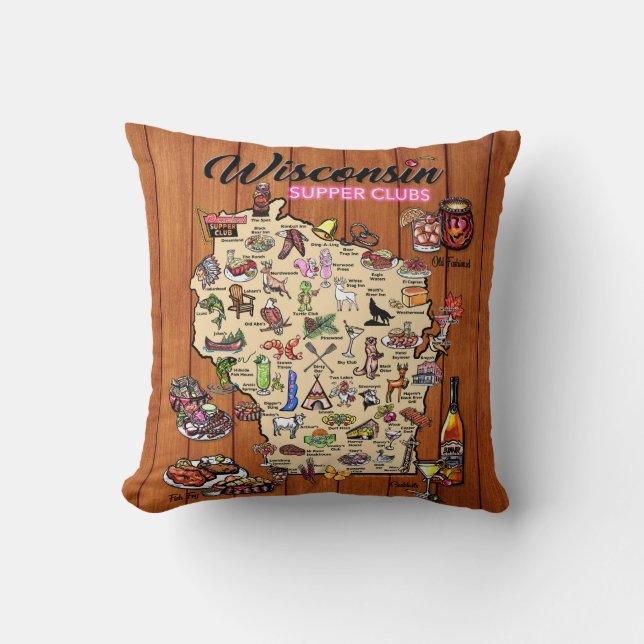 Throw Pillow - Wisconsin Supper Club Map (Front)