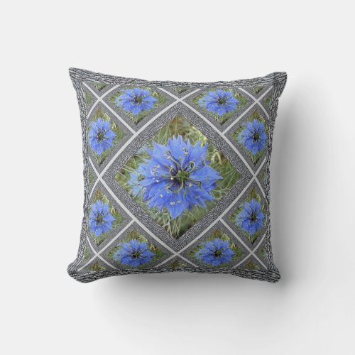 Throw Pillow with Blue Love_in_a_Mist Flowers