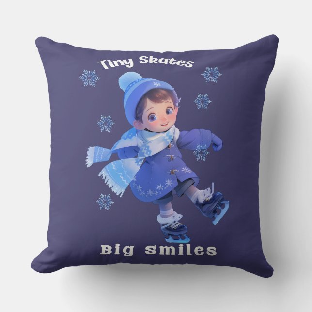 Throw Pillow with Cute Little Cartoon Skating Girl (Front)