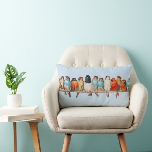 Throw pillow with row of birds on blue background 