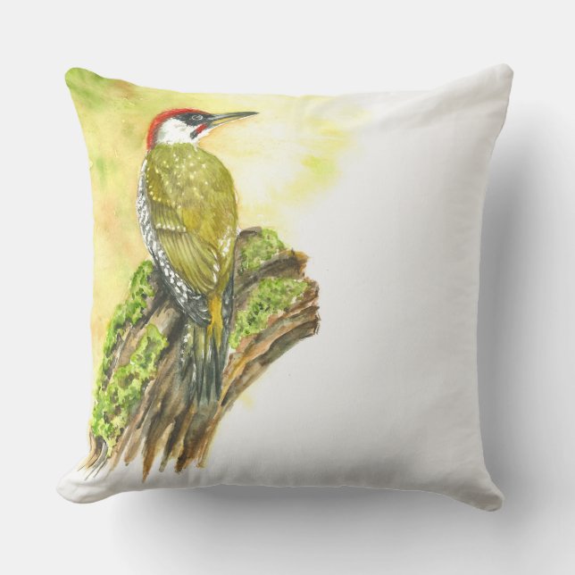Throw Pillow with Watercolor Green Woodpecker (Front)