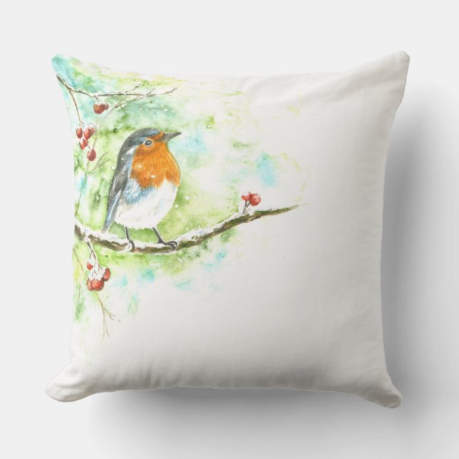 Throw Pillow with Watercolor Robin (Front)