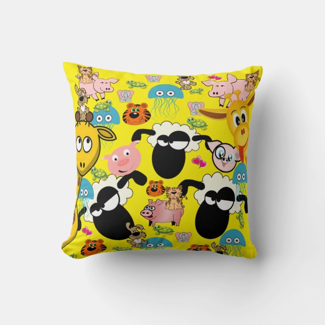 Throw Pillow Yellow Sheep Pigs Elephants (Front)