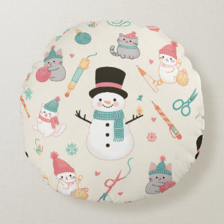 Throw Pillows-cat snowman Round Pillow