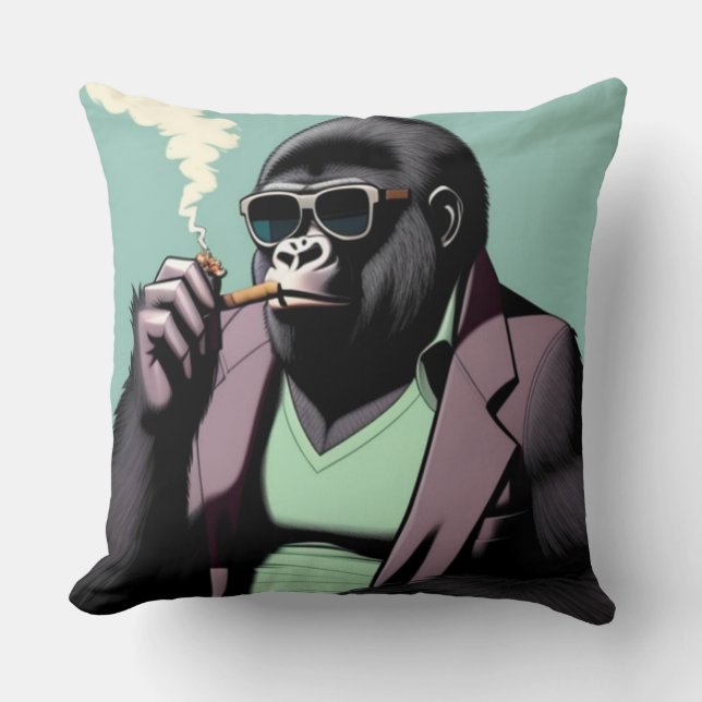 Throw pillows, gorilla wearing sunglasses smoking pillow (Front)