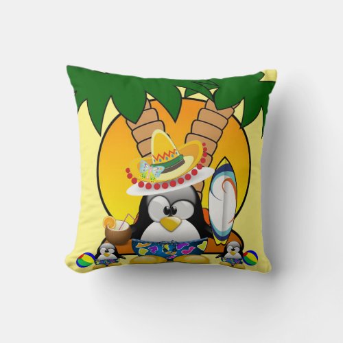 Throw Pillows Surfer Penguin Palm Tree