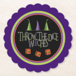 Throw The Dice Witches Funny Bunco October Theme Paper Coaster<br><div class="desc">Three lucky orange Bunco dice complete with flying witches! Hilarious Throw The Dice Witches bunco inspired design is perfect for a Halloween theme or October theme. Colorful green,  orange and purple with fun typography and three witches hats.</div>