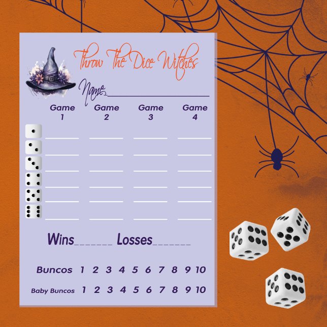 Throw The Dice Witches Halloween Scorecard Bunco Invitation (Bunco Score Card - Digital - Print At Home or Order Paper)